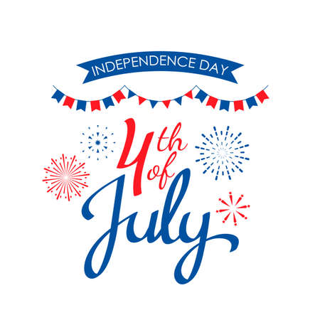 Happy American Independence Day 4th July greeting card. festive banner with a congratulatory inscription, fireworks, flags and balloons. vector illustrationのイラスト素材