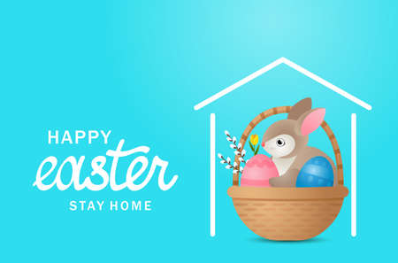 Happy Easter   greeting banner.Stay home for the holiday. easter bunny in a basket with an egg and flowers sits at home.のイラスト素材