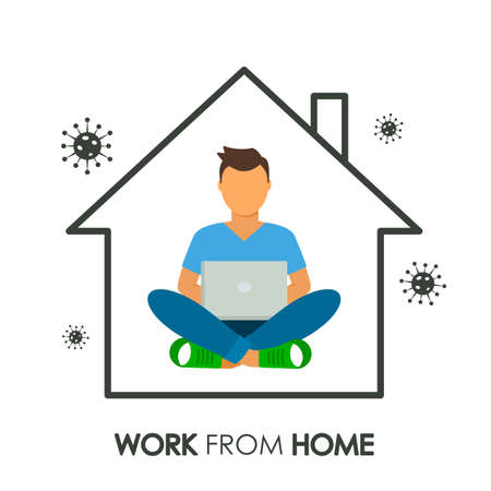 Sketchy house inside A man works at a computer online with an inscription Work from home. concept of quarantine during pandemic and self-employment. business online. vector illustrationのイラスト素材