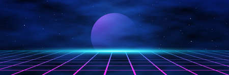planet and geometric triangles on the background of the landscape laser grid in space. Futuristic...