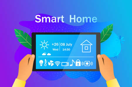 man holds a tablet control panel of a smart home in his hands. modern technology concept, vector illustrationのイラスト素材