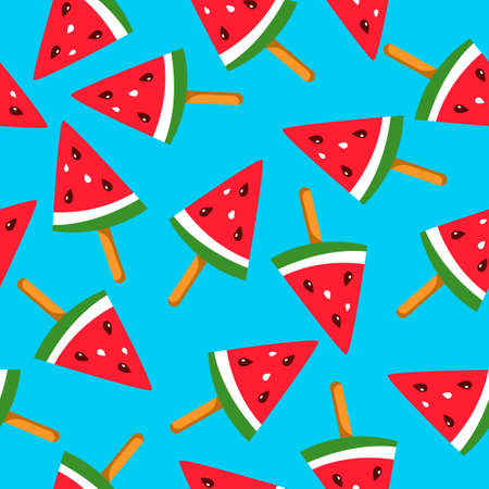 summer seamless pattern ice cream watermelon with seeds on a blue background. vector endless...