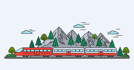 a high-speed train with carriages rides against the backdrop of mountains and forests. flat vector illustration in linear style.のイラスト素材