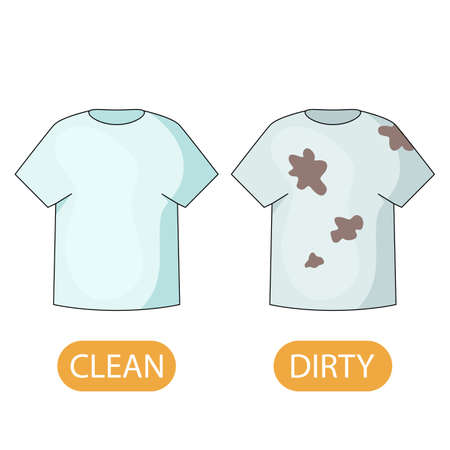 dirty and clean t-shirt. concept of children learning opposite adjectives dirty and clean. vector illustration isolated on white backgroundのイラスト素材