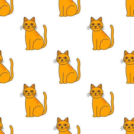 endless seamless pattern with cute ginger kitten with mustache. vector illustration isolated on white background in linear styleのイラスト素材