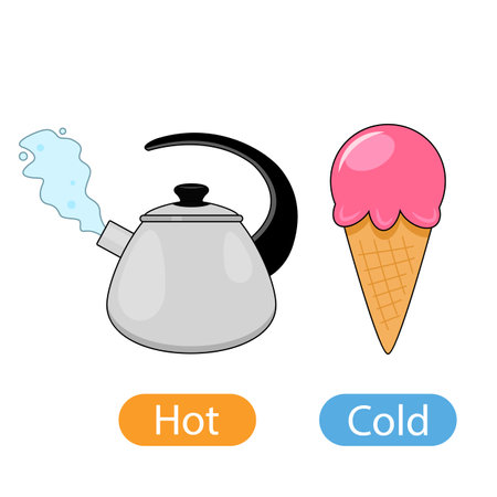 hot boiled kettle with steam and delicious cold ice cream. concept of children's learning of opposite adjectives hot and cold. vector illustration isolated on white backgroundのイラスト素材