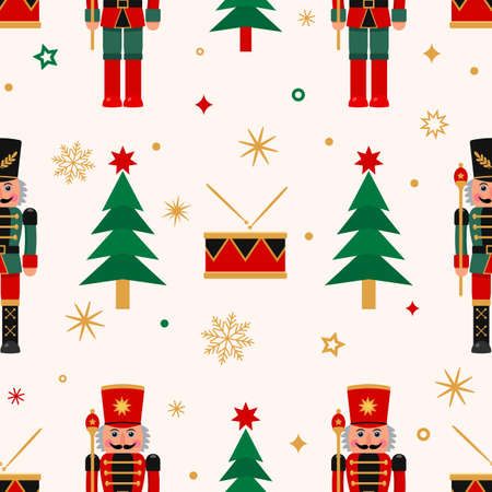 Christmas seamless background with nutcracker, Christmas tree and snowflakes. flat vector illustration. wrapping paper templateのイラスト素材
