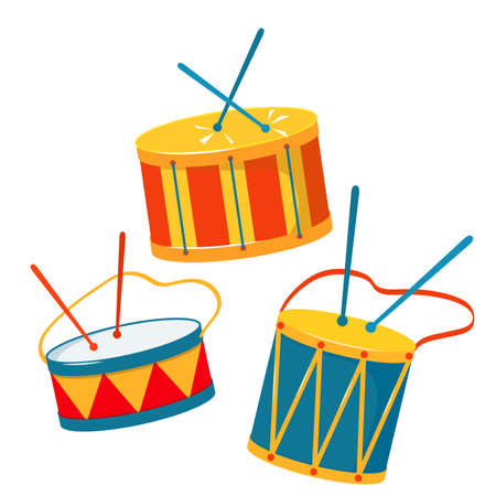 set of brightly colored drums with sticks. Rio carnival concept. vector illustration isolated on white backgroundのイラスト素材