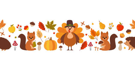 Thanksgiving seamless pattern border. Fall leaves, squirrel, hedgehog, acorns, berries, turkey in a hat, pumpkin, apples, pears, porcini mushroom. flat vector illustration isolated on white backgroundのイラスト素材