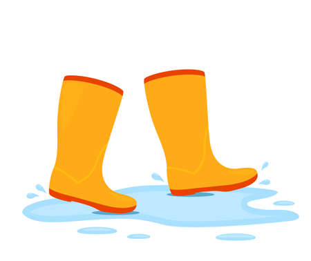 yellow rubber boots are walking in a puddle with splashing water. vector illustration isolated on white backgroundのイラスト素材