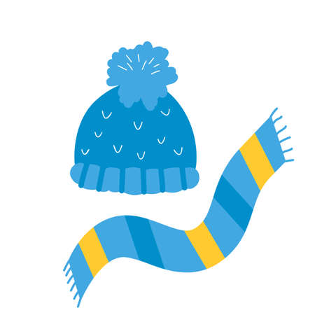 Knitted autumn hat and scarf. set of winter clothes. flat vector illustration isolated on white backgroundのイラスト素材