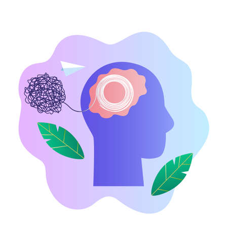 human head recovered from tangled thoughts and thinks sanely concept of mental health and healing from chaos in the head. vector illustration isolated on white backgroundのイラスト素材