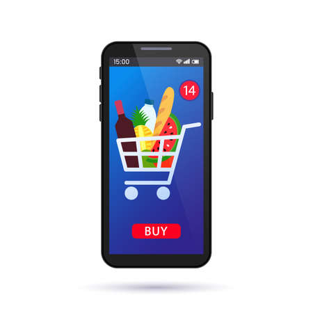 full shopping cart of groceries in the online store. an application in a smartphone for online payment of orders. 3d vector illustration isolated on white background.のイラスト素材