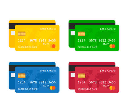 set of colored credit cards with a map of the world. vector illustration isolated on white backgroundのイラスト素材