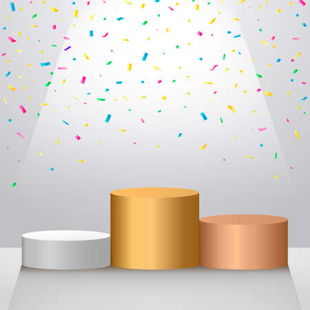 podium of winners. gold, silver and bronze medal with falling candy. vector illustrationのイラスト素材