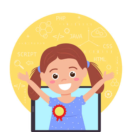 teenage girl rejoices at the victory in teaching IT programming. children's education diploma. vector illustration isolated on white backgroundのイラスト素材