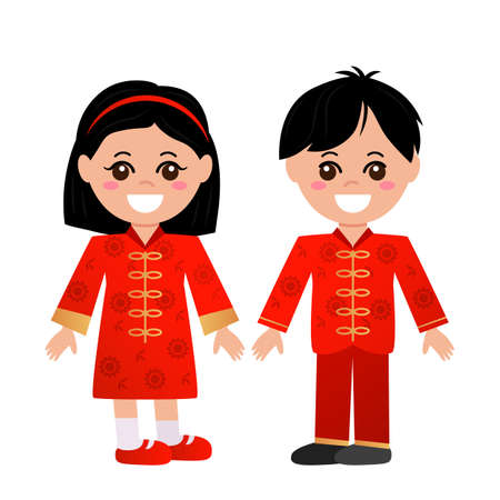 Asian cute children in Chinese national costumes. boy and girl are smiling. vector illustration isolated on white backgroundのイラスト素材