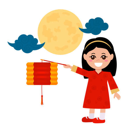 Mid-Autumn Festival in China. Chinese girl holding a flashlight against the background of the full moon. vector illustrationのイラスト素材