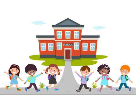 postcard from September 1 with the words Back to school . Cheerful children with backpacks. knowledge day concept. vector illustration isolated on white backgroundのイラスト素材