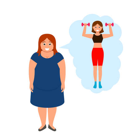 A fat woman dreams of becoming a slender girl and playing sports, dieting and leading a healthy lifestyle. vector illustration isolated on white backgroundのイラスト素材