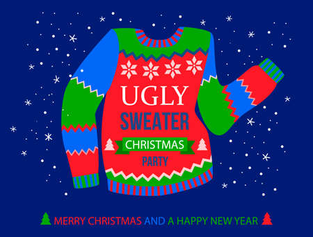 New Years banner for ugly sweaters party. Merry Christmas and Happy New Year greeting card. vector illustration in cartoon styleのイラスト素材