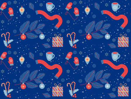 Seamless Christmas pattern with Christmas tree branches, Christmas balls, holly, gift box, mittens...