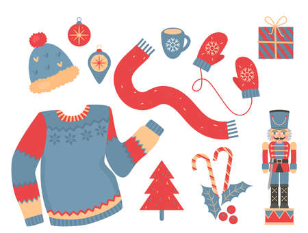 set of New Year's elements for decor. Christmas tree, Nutcracker, ugly sweater, gift box, mittens, toys. vector illustration isolated on white backgroundのイラスト素材