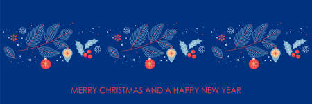 Seamless Christmas pattern with Christmas tree branches, Christmas balls and holly. wrapping paper template. vector illustration isolated on blue backgroundのイラスト素材