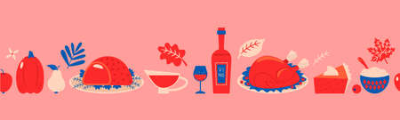 Thanksgiving seamless pattern border. Thanksgiving and Christmas holiday table symbols. Turkey, cranberry sauce, pumpkin, baked meat, mashed potatoes, pumpkin pie, holly. vector illustration isolated.のイラスト素材