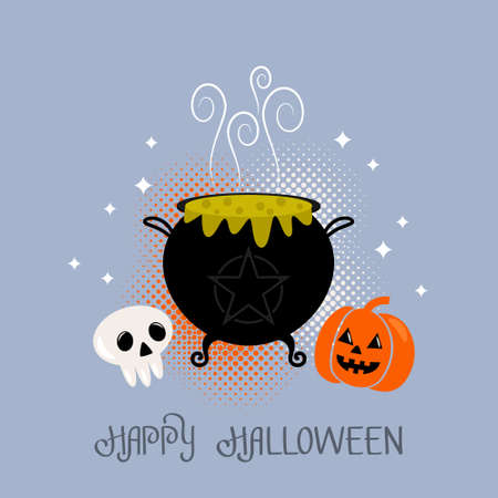 Happy Halloween banner or greeting card with hand lettering. black cauldron of witches with green potion and eyes, pumpkin and skull for Halloween. vector illustration in comic styleのイラスト素材