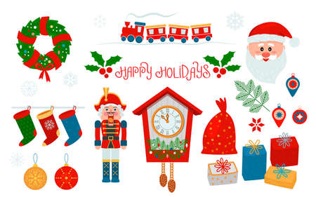 large set of Christmas icons. Santa, locomotive, tree, nutcracker, Christmas balls, watches, gifts, socks. flat vector illustration. concept Xmasのイラスト素材