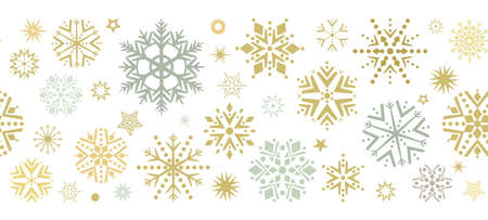 colored border swirl of golden snowflakes and stars. seamless Xmas garlands. concept of Christmas and New Year. flat images on white backgroundのイラスト素材
