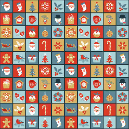 Seamless christmas pattern with symbols of new year holidays santa, tree, snowflakes, padcb, cupcake, gift. Xmas and new year concept. package. vector illustrationのイラスト素材