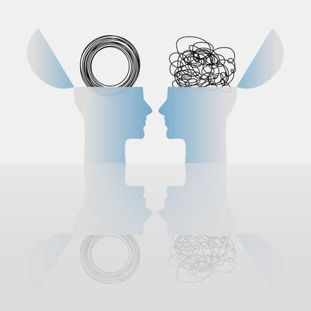 Two heads of a person with the opposite mindset. concept of chaos and order in thoughts. flat vector illustration isolated on blue backgroundのイラスト素材