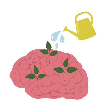 garden watering can water the plants in the brains. the concept of self-development, education, creativity. vector illustration isolated on white backgroundのイラスト素材