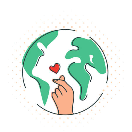 planet earth globe and human hand with love gesture. concept of ecology and waste recycling and recycling. vector illustration.のイラスト素材