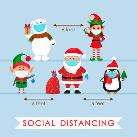 Santa Claus in a hat with a bag of gifts, an elf and a penguin, a polar bear with a gift in a cartoon style. social distancing conceptのイラスト素材