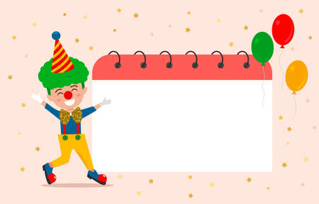 child in a clown costume on the background of the sheet from the calendar. kids party invitation design, birthday, christmas. vector illustration isolatedのイラスト素材