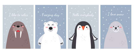 cute arctic animals with lettering. polar bear, penguin, seal, walrus. vector illustrationのイラスト素材