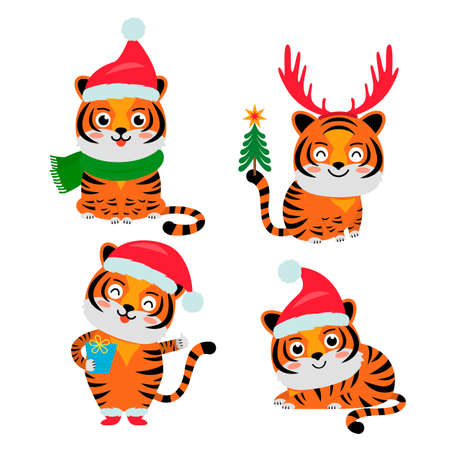 set of cute tiger cubs dressed as Santa Claus. The year 2022 of the tiger is a symbol of the new year in the Chinese calendar. vector illustration isolated on white background.のイラスト素材