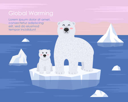 Polar bear mother with a bear cub stand on an ice floe. The concept of global warming and plastic pollution of the world ocean. vector illustration. arctic landscapeのイラスト素材