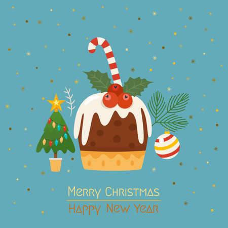 greeting card with the holidays. lollipop pudding with christmas tree and ball on snowflakes background. congratulatory lettering. vector illustration. concept Xmasのイラスト素材
