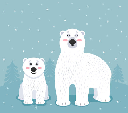 cute polar bear mother with her baby bear cub on the background of snow and Christmas trees. vector illustration concept Xmas and new yearのイラスト素材