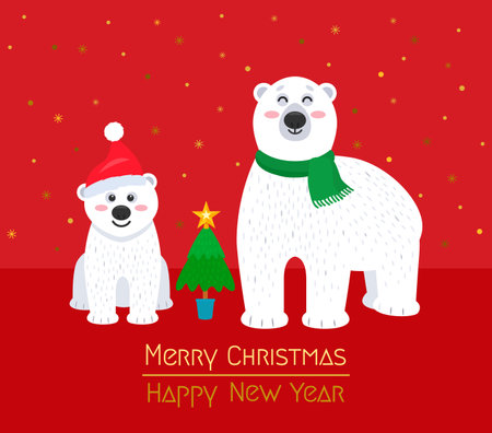 greeting card merry Christmas. Polar bear mom with her bear cub dressed as Santa. vector illustration. new year concept and Xmasのイラスト素材