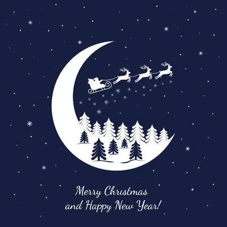 Happy Christmas and Happy New Year santa sleigh with reindeer flying through the night sky over forest landscape. Xmas concept. vector illustration on blue backgroundのイラスト素材
