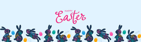 Happy Easter greeting banner or postcard with hand lettering. Rabbits in modern floral style. grass,...