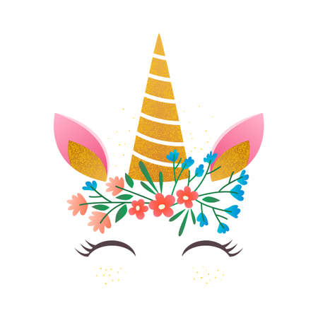 cute unicorn face with golden horn and flower wreath. vector illustration isolated on white background. animal for print or postcardのイラスト素材
