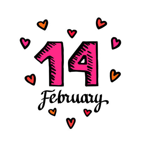 greeting card 14 february. valentine's day concept. hearts and hand lettering. vector illustration isolated on white backgroundのイラスト素材