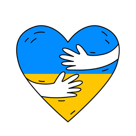 hands hug a heart painted in the colors of the Ukrainian flag. love for one's country and freedom. the concept of victory in the war. vector illustration isolated on white backgroundのイラスト素材