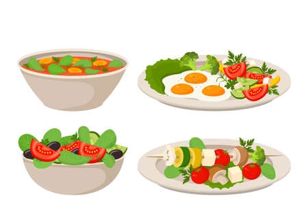 Set of vegan dishes. Vegetable salad, tomato soup, grilled vegetables with greens, scrambled eggs with broccoli. vector illustration isolated on white backgroundのイラスト素材